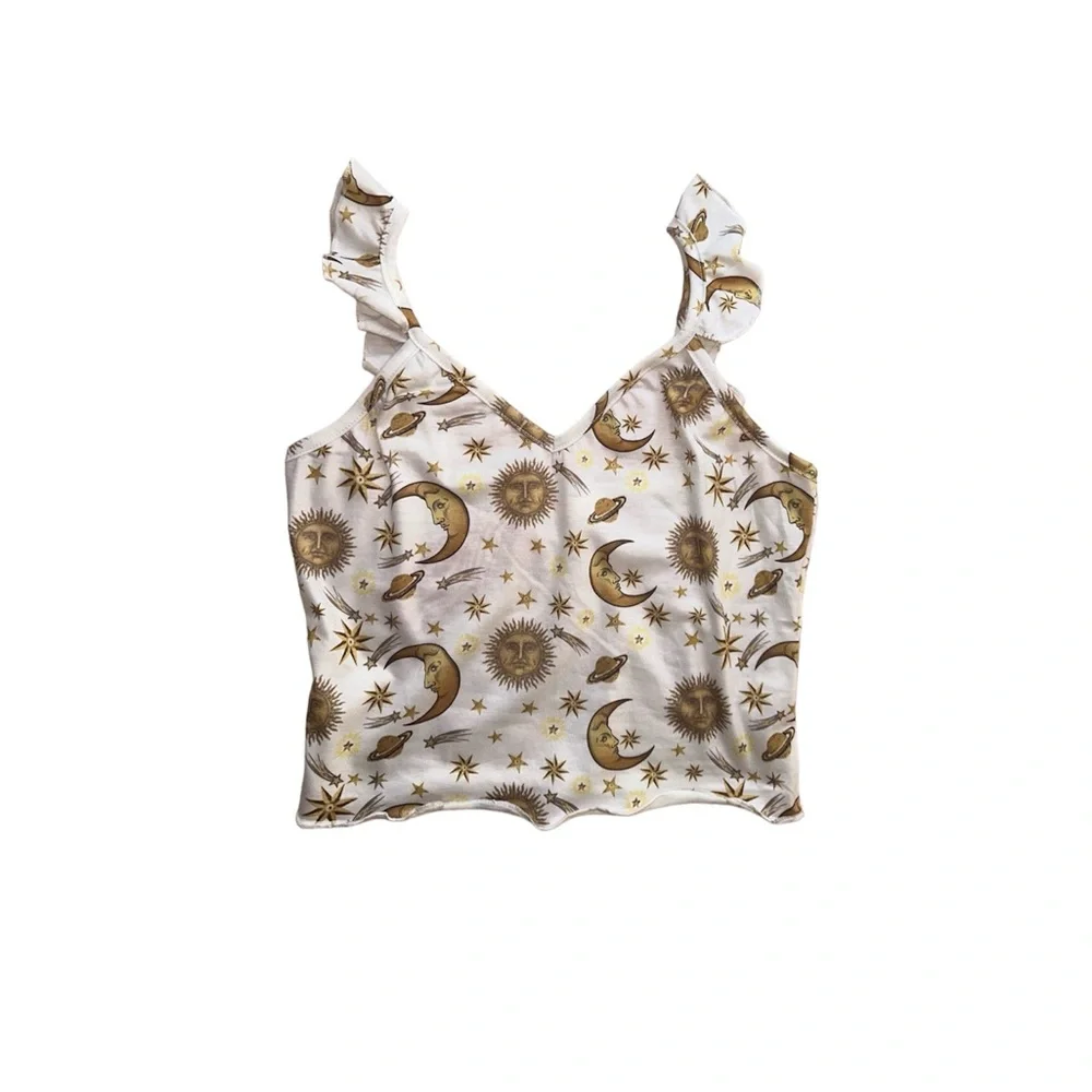 ROMWE Celestial Sun Moon Star Print Cream & Gold Pajama Lounge Set NWT, Size S - Picture 3 of 8